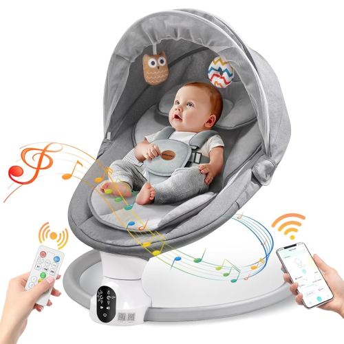 Baby Swings for Infants - Exclusive App & Bluetooth Function, Electric Baby Swing with 5 Point Harness & 5 Sway Speeds, 10 Preset Lullabies, Portable Infant Swing for Indoor/Outdoor (Light Gray)