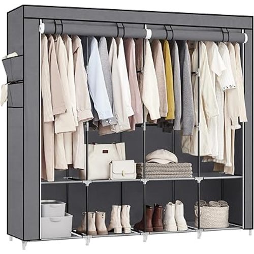 SONGMICS Portable Closet, Wardrobe Closet Organizer with Cover, 4 Hanging Rods and Shelves, 4 Side Pockets, 66.9 x 17.7 x 65.7 Inches, Large Capacity for Bedroom, Living Room, Gray URYG094G02