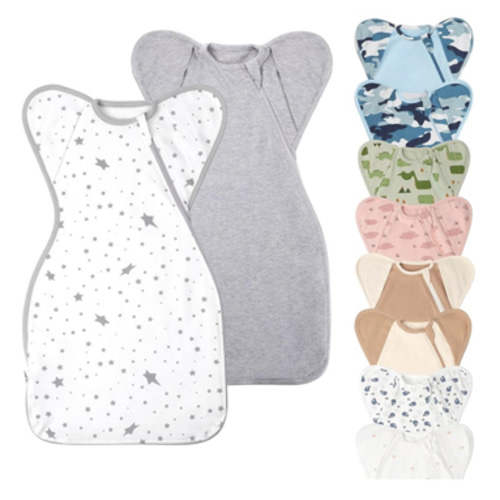 Swaddle Blanket Sleep Sack with Arms Up Design 2 Packs, Hands Up Sleeping Sack 3-Way Transitions to Arms-Free Wearable Sleeping Bag for Newborn Baby Boys Girls Snug Fit Calms Startle Reflex