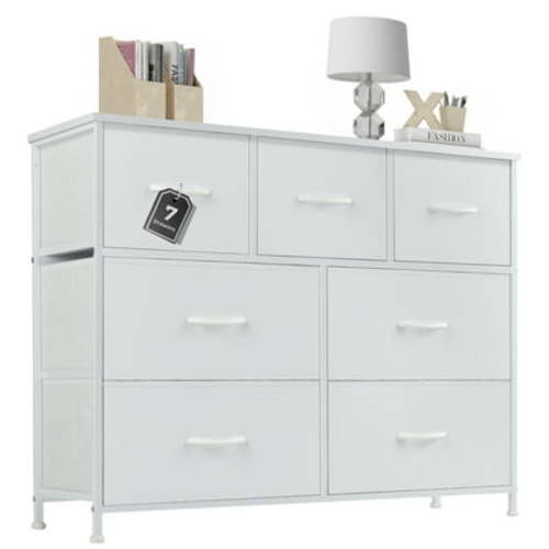 Acacia Wood Dresser with 7 Spacious Drawers, Multi-functional Storage Cabinet for Bedroom, Closet, Nursery, White