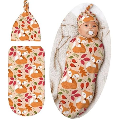 Cute Fox Swaddle Blanket Hat Set for Boys Girls, Soft Autumn Leaves Newborn Sleeping Sack Receiving Blanket Shower Gift