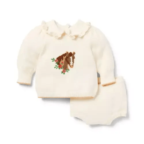 Newborn Jet Ivory Baby Horse Matching Sweater Set by Janie and Jack