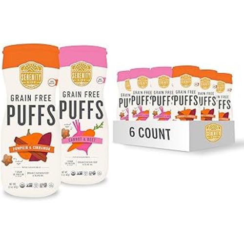 Serenity Kids 6+ Months Grain Free Puffs Toddler & Baby Snack | No Added Sugar, Gluten & Rice Free, Allergen Free | Made with Organic Cassava, Veggies, and Herbs | Very Veggie Variety Pack | 6 Count
