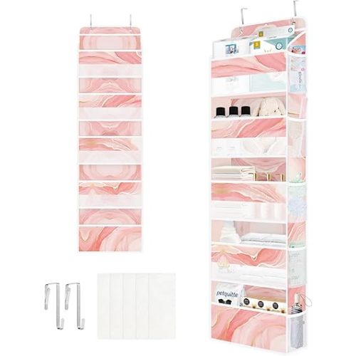 Clastyle Marble Over The Door Organizer Nursery Hanging Storage Organizer for Women Girls Clothes Diaper Toy Closet Door Hanging Shelf Storage for Bedroom Bathroom Pantry, Pink, 5-Tier