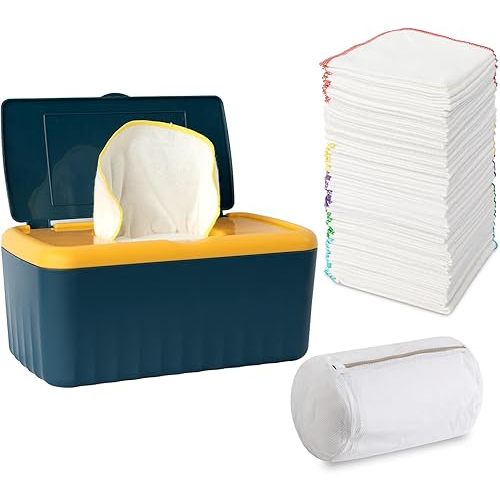 54 Packs Flannel Reusable Baby Wipes Cloth Wipes with Blue Wipes Dispenser, Reusable & Natural Skin-Friendly Cloth Baby Wipes, Body Face Hand Washcloth Essential for Cloth Diapers