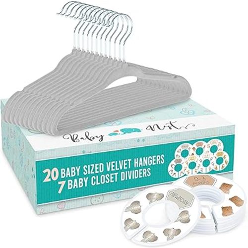 Baby Nest Designs 20x Baby Hangers for Closet with 7X Baby Closet Dividers for Nursery Velvet Baby Clothes Hangers Unisex Newborn Essentials Baby Size Organizer for Infant Clothing to 24 Months