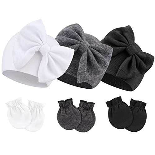 BQUBO Newborn Girls Hats Baby Hat and Mittens Set Infant Caps Bow Hospital Beanie with No Scratch Mittens for Baby Boys Girls