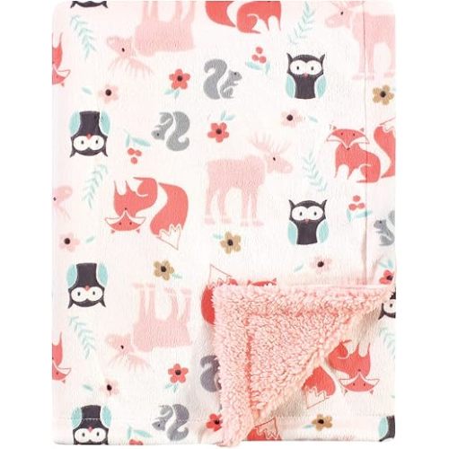 Hudson Baby Unisex Baby Plush Mink and Sherpa Blanket, Girl Pink Forest, One Size