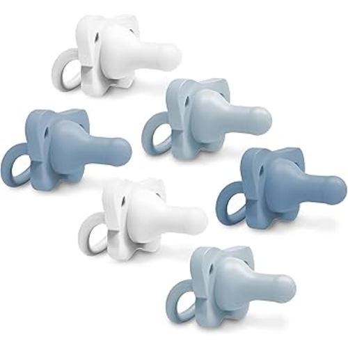 Dr. Brown's HappyPaci 100% Silicone Baby Pacifier, Contoured One-Piece Design, White, Blue, Light Blue, 0-6m, BPA-Free, 6 Pack