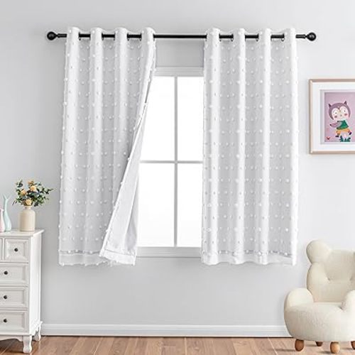 MYSKY HOME White Blackout Curtains 63 Inches Long for Bedroom 100% Light Blocking Kids Curtain Thermal Insulated Short Curtains with White Pom Pom Sheer Room Darkening Grommet, 52 x 63 Inch, 2 Panels