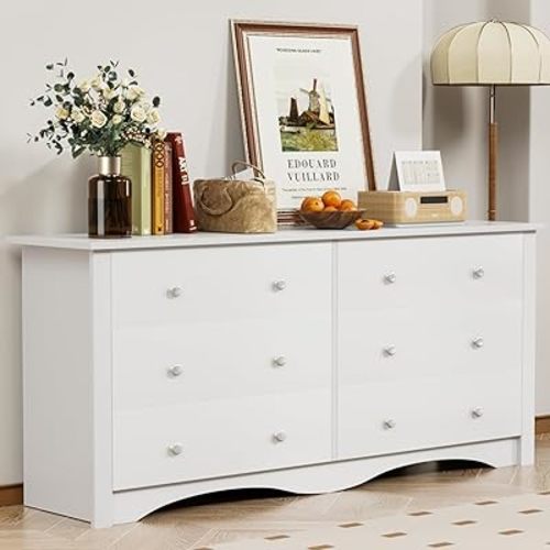 Shahoo Dresser for Bedroom with 6 Drawers, Wide Chest Storage Organizer and TV Stand for Living Room, Closet, Hallway, Dormitory,White