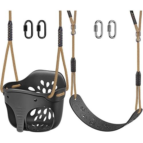 SELEWARE Toddler Swing Set Accessories High Back Full Bucket Swing Seats w/Adjustable Rope and 4 Locking Carabiners, Cute Elephant Shape Design 600LB Capacity (2 Pack)