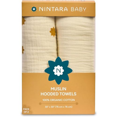 Nintara Baby Hooded Towel - 100% Organic Premium Muslin Cotton, 30" x 30", Ultra-Absorbent, Soft, Breathable, Hypoallergenic, Multipurpose, Gifts for Babies & Infants, Pack of 2