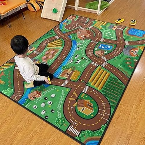 Kids Rug, Farm Map Playmat Rugs - 5x7 Ft Kids Carpet with Rubber Backing, Cute Animal Farming Game Road Map Play Mat Nursery Rugs for Children Bedroom Playroom