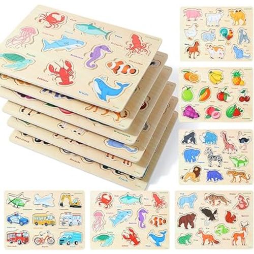 GRINNNIE Wooden Toddler Puzzle for Age 2 3 4 Years Old, 6 PCS Toddlers Learning Puzzle Set - Animal, Fruit, Sea Creature and Vehicle, Educational Toy Birthday for 3-5 Boys Girls