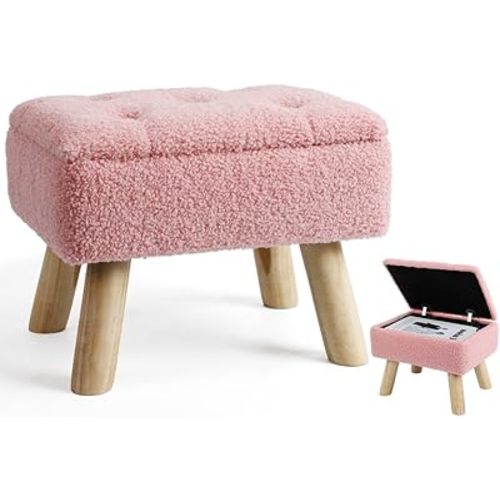 Ottoman Foot Rest, Boucle Teddy Ottoman with Storage, Small Foot Stools with Wood Legs, Padded Seat Storage Ottoman for Living Room, Bedroom, Couch, Enterway (Pink)