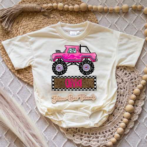 Monster Truck Name Girl Bubble Romper Bodysuit, Personalized Truck Tee, Custom Kid's Derby Baggy Romper, Monster Truck Tee, CPSC Compliant
