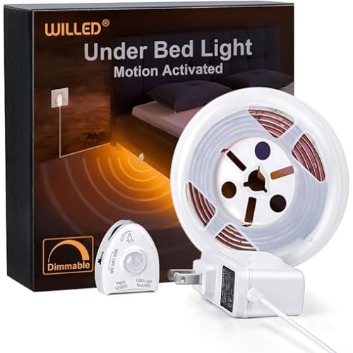 WILLED Under Bed Light, Dimmable Motion Activated Bed Light 5ft LED Strip with Motion Sensor and Power Adapter, Bedroom Night Light Amber for Baby, Crib, Bedside, Stairs, Cabinet and Bathroom