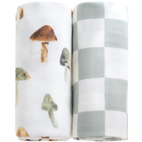 LifeTree Muslin Swaddle Blankets, Baby Swaddling Blanket for Boys Girls, Super Soft 70% Viscose from Bamboo and 30% Cotton, Large 47" x 47", Checkered & Mushroom, Newborn Baby Registry