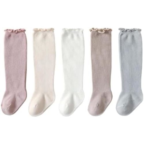 Cotton Baby Socks Newborn 5 Pairs Knee-High Socks Knit Ruffle Stocking for Infant Toddler Girls Boys