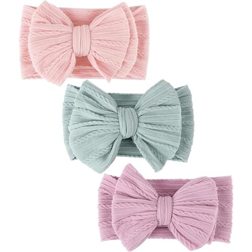 DRESHOW BQUBO Handmade Baby Headbands Soft & Stretchy Hair Bands with Bows Nylon Bows Hairbands for Girls Newborn Infant Toddlers Hair Accessories 3 pack