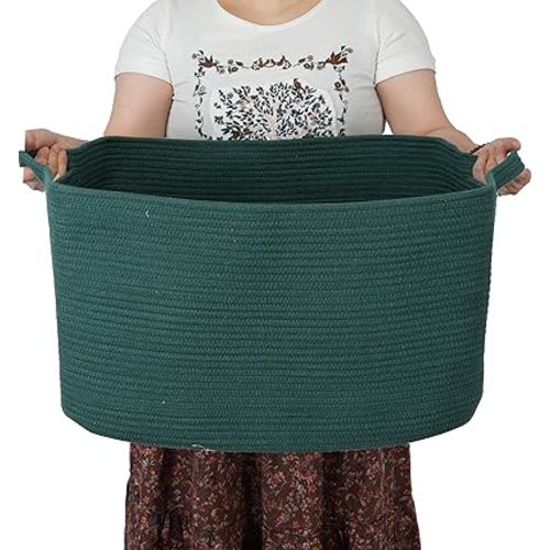 Large Rectangle Blankets Basket Living Room 22"x17"x12" Woven Cotton Rope Storage Basket for Nursery Toy Basket for Kids and Dogs Wicker Laundry Basket Bin for Clothes Towels dark green