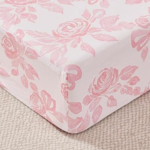 Brandream Baby Crib Sheets for Girls Boys, Super Soft 100% Organic Cotton Baby Sheet French Country Pink Cottagecore Floral Print Fitted Crib Sheet for Standard Crib and Toddler Mattress