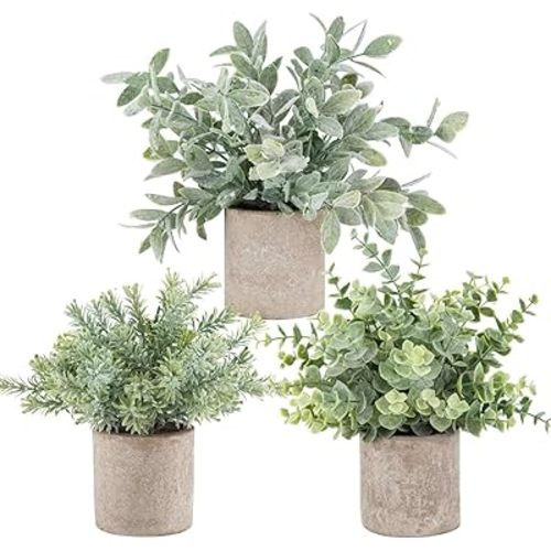 Der Rose 3 Pack Mini Potted Fake Plants Artificial Plastic Eucalyptus Plants Topiaries for Home Office Desk Farmhouse Room Decor