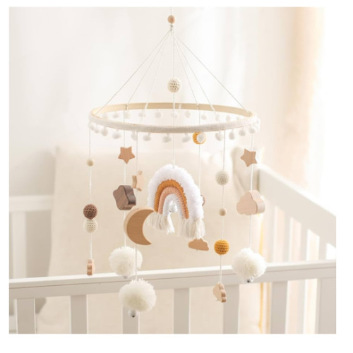 Baby Crib Mobile for Boys Girls Rainbow Nursery Mobile Gender Neutral Hand-Crocheted Mobile Ceiling Mobile - Rainbow, Clouds, Moon