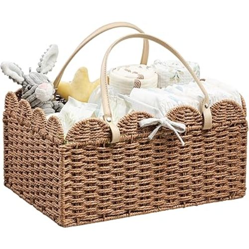 Angelhood Scalloped Paper Rope Diaper Caddy, Woven Floral Baby Diaper Organizer with Dividers for Changing Table, Nursery & Car Portable Baby Gift Basket