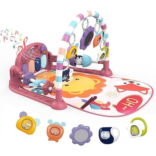 dearlomum Baby Play Mat Baby Gym,Funny Play Piano Tummy Time Baby Activity Mat with 5 Infant Sensory Baby Toys, Music and Lights Boy & Girl Gifts for Newborn Baby 0 to 3 6 9 12 Months (New Pink)