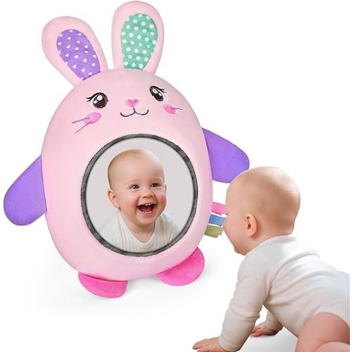 FIOBEE Tummy Time Toys Baby Mirror Tummy Time with Crinkle & Jingle Sounds Large Baby Sensory Toys for Infant Ages 0 3 6 Months and Up Newborn Training Essentials, Pink Rabbit