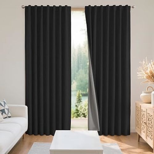 Joydeco Black Blackout Curtains for Bedroom - Linen Curtains90 inch, 100% Thermal Insulated 2 Panels Light Blocking Drapes, Rod Pocket & Back Tabs, Darkening Privacy for Living Room