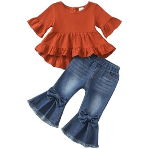 Kucnuzki Toddler Baby Girls Clothes Long Sleeve Shirt Top Flare Denim Jeans Cute Outfit Baby Girl Fall Winter Clothes