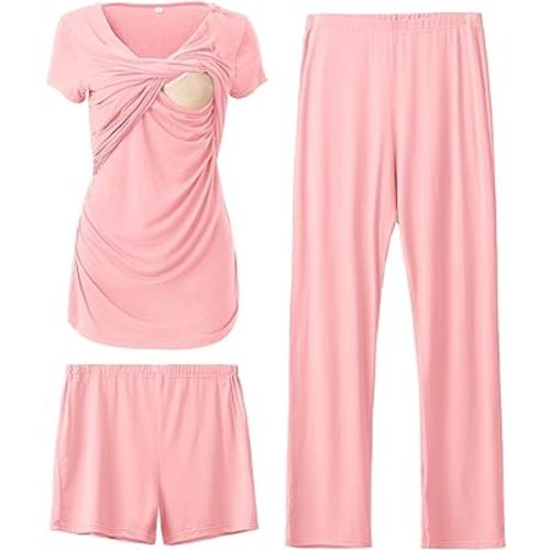 SUNNYBUY Women's Maternity Postpartum Pajamas Set, Breastfeeding Tops,Adjustable Pregnancy Shorts & Pants 3 Piece Nursing PJS