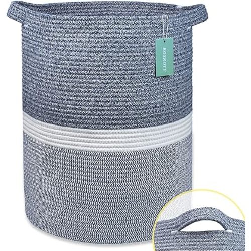 Large Storage Cotton Rope Basket, 72L Nursery and Laundry Hamper, 16'x 22', Blend Navy Blue & White