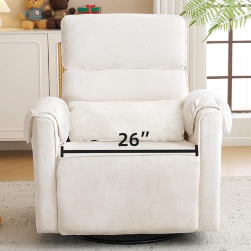 Rhevoy Oversized Power Recliner Chair, 26" Extra Wide Swivel Rocker Recliner with Adjustable Headrest, Chenille Glider Rocking Nursery Chair with Overstuffed Armrest, USB Ports, Cream