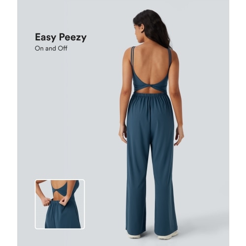 Softlyzero™ Airy Double Straps Backless Twisted Side Pocket Cool Touch Yoga Jumpsuit-Easy Peezy Edition