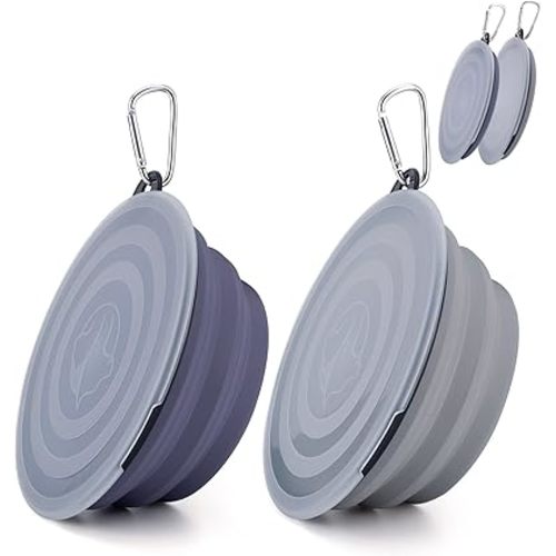 SLSON Dog Bowls Pet Collapsible Bowl with Cover Lids,2 Pack Dog Travel Bowls Portable Foldable Cat Water Dish Bowl for Pets Walking Parking Camping (Taro Purple and Concrete Gray, Large)