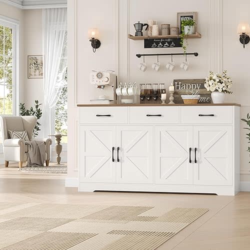 HOSTACK 59" Large Buffet Cabinet with Storage, Farmhouse Sideboard Buffet Cabinet with 3 Drawers, Wood Kitchen Coffee Bar with Doors and Shelves, Long Sideboard Kitchen Table for Dining Room, White
