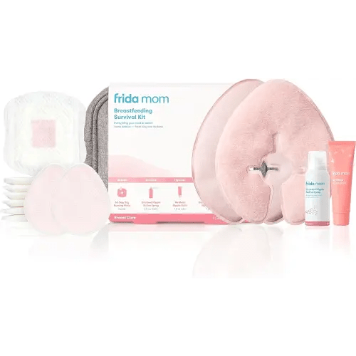 Frida Mom Breastfeeding Survival Kit for Nursing Moms, Reusable Hot+Cold Breast Relief Packs, Hydrogel Nipple Pads, Cracked Nipple Saline Spray, Nipple Balm, Nursing Pads, 13 Piece Gift Set