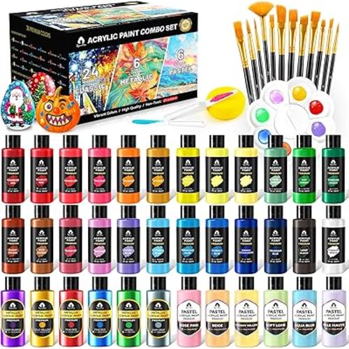 52 Pcs Classic & Metallic & Pastel Acrylic Paint Set with 12 Brushes, 2 Knives & Palette, 36 Colors (2oz/60ml) - for Adults, Kids, Artists & Beginners - Arts and Crafts Painting Kit