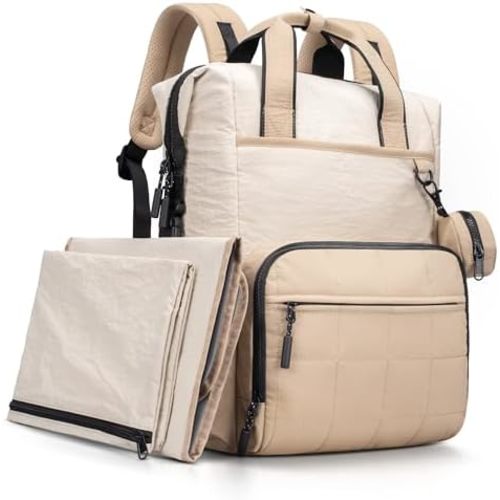 VONAL Diaper Bag Backpack, Lightweight Baby Diaper Bags, Travel Large Diaper Bag with Changing Station, Khiki Diaper Backpack for Boys Girls Newborn with Insulated Pockets, Stroller Straps