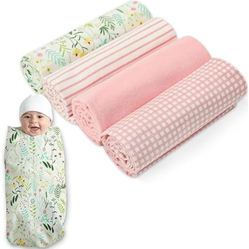 Mother's Choice Baby Flannel Blanket 4 Pack 100% Cotton Receiving Blanket