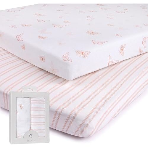 Pack n Play Sheet, Playard, Portable Crib Fitted Sheets 2 Pack - 100% Jersey Cotton for Baby Girl Pink Butterflies + Stripes