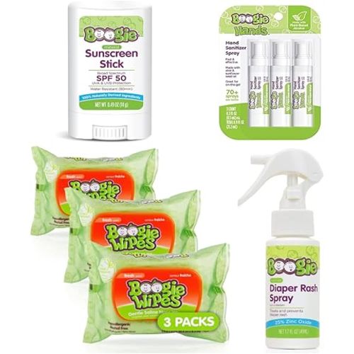 Boogie Nose Travel Essentials for Baby and Kids, 1 Baby Sunscreen, 1 Diaper Rash Cream Spray, 1 Pack of 3 Hand Sprays, 90 Count Fresh Wipes