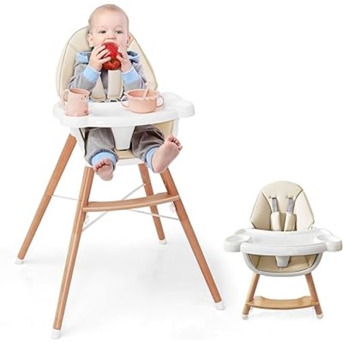 HONEY JOY Baby High Chair, Eat & Grow Beech Wooden Highchair for Babies and Toddlers, Removable Double-Layer Food Tray, 5-Point Harness, PU Cushion and Footrest for Infants Boys Girls (Beige)