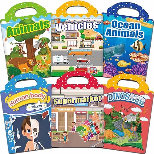 6 Sets Reusable Sticker Books for Toddlers 1-3, Jelly Sticker Books for Toddlers 2-4 Years, Toddler Travel Toys for Kids 2 3 4 Year Old Girls Boys