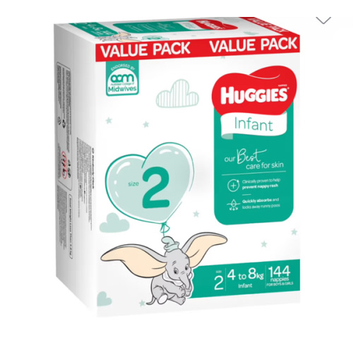 Huggies Nappies Mega Infant Size2 - 144 Pack | Disposable | Baby Bunting AU