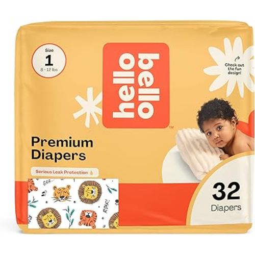 Hello Bello Diapers, Size 1 (8-12 lbs) Wild Cats, 32 Count of Premium Disposable Baby Diapers, Hypoallergenic with Soft, Cloth-Like Feel